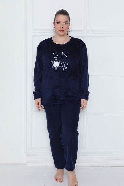 BunnyBear Winter Plus Size Wellsoft Fleece Women's Pajamas Set Navy Snow
