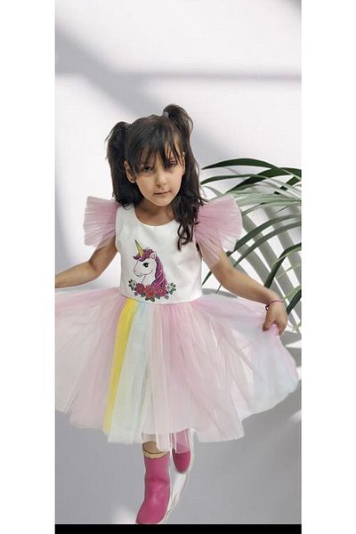 HEPSİMİNNAK Girl's Unicorn Printed Dress Birthday Party Costume Rainbow Tutu Dress