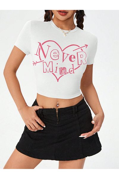 Bengi Clothing Λευκό οργανικό βαμβακερό εμπριμέ κοντό μανίκι Crop Top