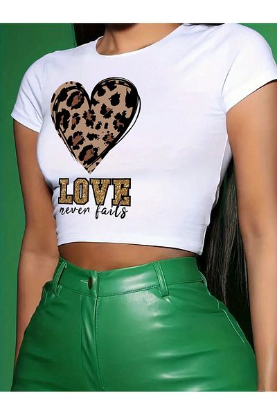 Bengi Clothing Λευκό οργανικό βαμβακερό εμπριμέ κοντό μανίκι Crop Top