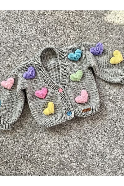 NEVALİN Heart Detailed Hand Knitted Girl's Cardigan