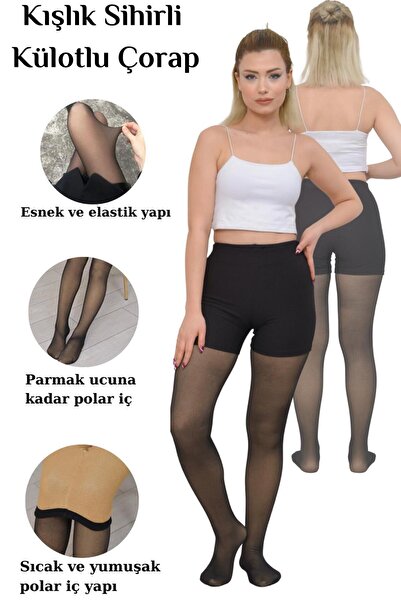 SAUNA SUIT Termal Kışlık Içi Ten Polarlı Dışı Siyah Dokuma Sıcak Tutan Ten Rengi Külotlu Çorap