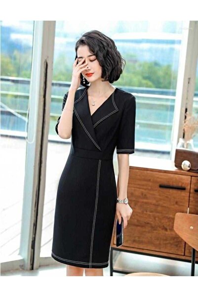 AVC Beyaz Dikiş İzli Ve Diz Boyu Elbise