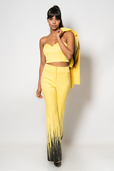 RENGIN Ceketi ve paçaları renk detaylı croplu üçlü abiye takım