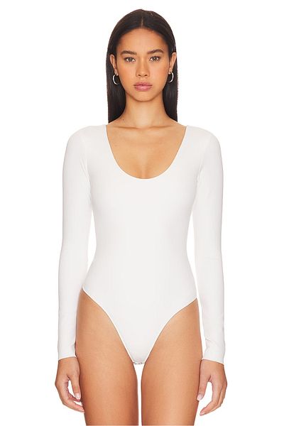 ZACCANA Women's White Long Sleeve U Neck Double Layer Silk Jersey Bodysuit
