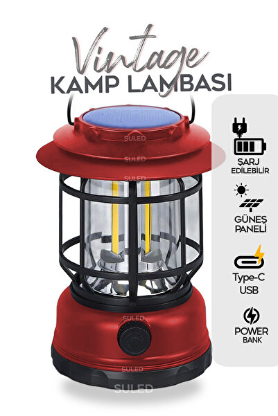 SULED Fanus Fener Vintage Kamp El Feneri USB Type-C Güneş Şarjlı 10W Güçlü Le...