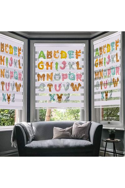 Lotus Cute Animals and Alphabet Patterned Zebra Curtain - Children's Room - Baby Room - Animalalphabet