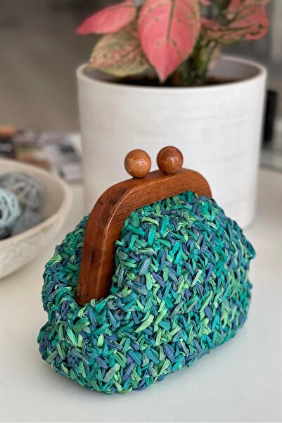 black ice atelier El Yapımı Mavi-Yeşil Renk Ahşap Burslu, Örgü El Çantası (Kağıt İp)