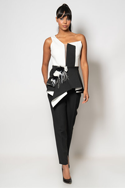 RENGIN Üstü çift renkli beli çiçekli krep pantolonlu ikili abiye takım