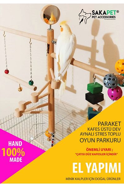 SAKAPET Parrot Cage - Giant Perch, Double Mirror Stress Collective Play Track