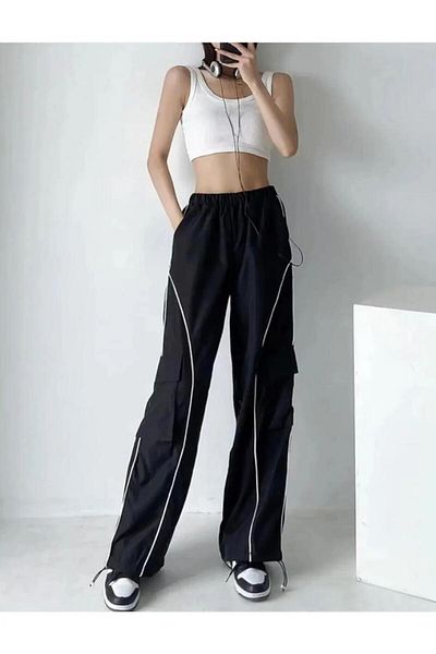 DENOKMODA Y2K BLACK PARACHUTE FABRIC TROUSERS / TRACKSUIT