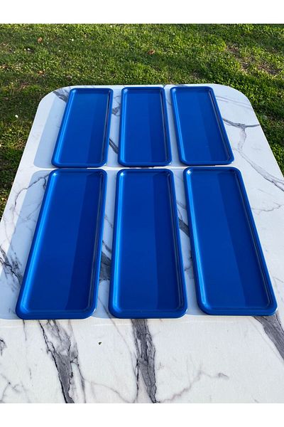 Aslı Hediyelik 6-Piece Baton Blue Metal Single Person Decorative Candle, Tea, Coffee and Cake Serving Presentation Tray