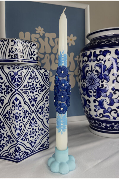 AtelierTimeFlies Mavi Renk Papatya Beton Şamdan ve Çiçekli Tasarım Konik Şamd...