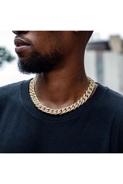 Çeko Chain Gold 15mm Cuban Chain Gold color stone necklace gourmet necklace