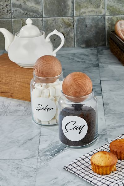 ŞAKİLATA CONCEPT 2-Piece Wooden Ball Lid Tea Candy Jar 800 Ml Labeled Glass Storage Container