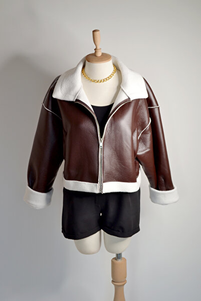 deslorsque Kadın İçi Beyaz Kürklü Kısa Suni Deri Kısa Crop Biker Ceket Mont K...