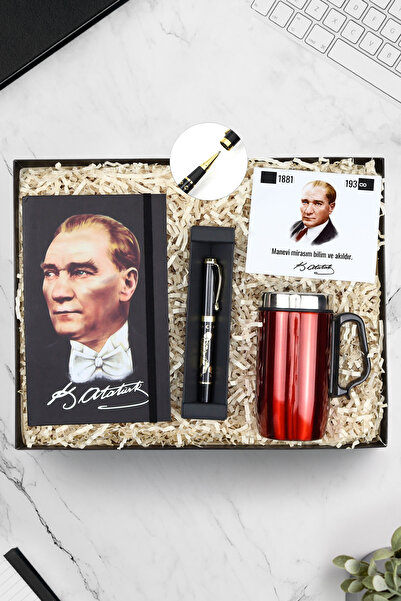 Trendmiya Kulplu 280 ML Kırmızı Termos & Atatürk Baskılı Defter & Atatürk İmz...