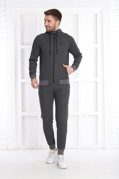 NEED LİFE Men's Gray Daily Waffle Fabric Hooded Zippered Slim Fit Bottom Top Tracksuit Set