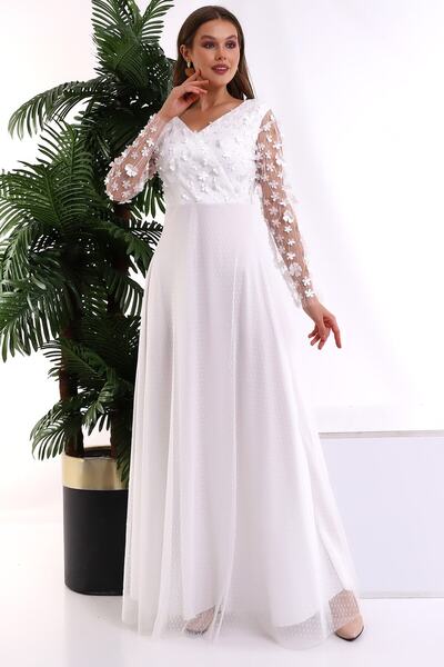 Fasmia Beyaz 3d Papatya Kayık Yaka Kiloş Elbise F115