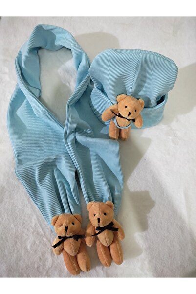 damlakids Scarf Beanie Set with Teddy Bear Baby Boy Girl Set Blue