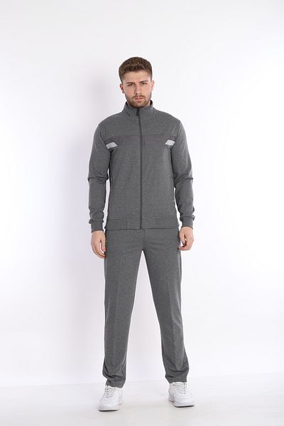 NEED LİFE Men's Gray Casual Zippered Chest Embroidered Bottom Top Tracksuit Set
