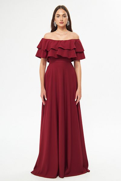 Bidoluelbise Off Shoulder Double Layer Ruffle Detail Neckline Maxi Length Flared Evening & Homecoming Dress
