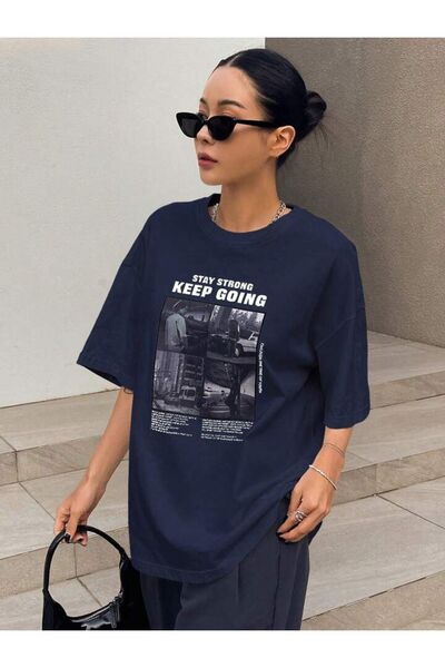 AFROGİYİM Unisex Stay Strong Keep Going Εκτυπωμένο μπλουζάκι Oversize