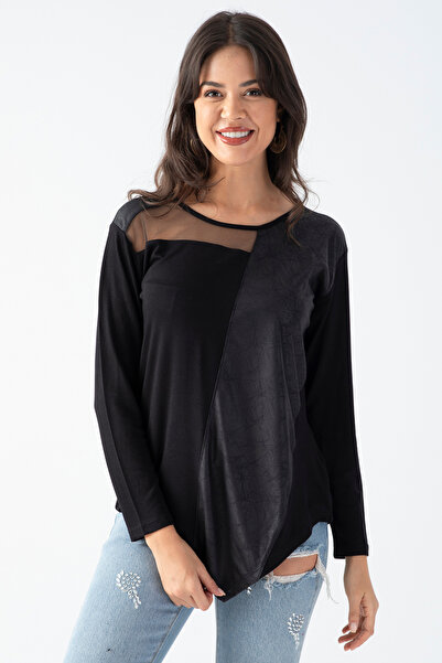 EtkiModa Bluză asimetrică pentru femei, cu guler negru, cu detaliu din tul și fustă din piele artificială în față