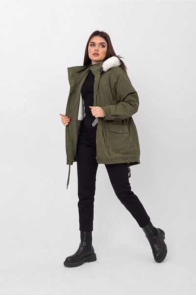 ESB Design Women's Furry Hooded Long Khaki Coat with Fleece Pocket A36-077