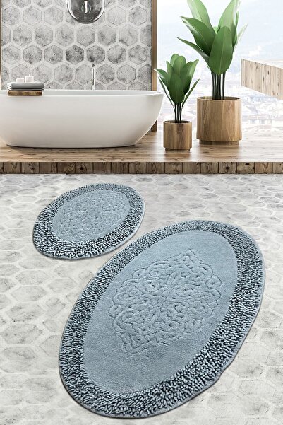 Chilai Home Pıante Oval Cotton Turkuaz 2'li Set Banyo Halısı Paspas Seti
