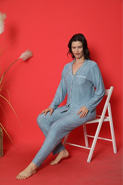 trdpodyum Kadın Mavi Yıldız Desenli Süet Önden Düğmeli Bebe Yaka Uzun Kol Pijama Takımı