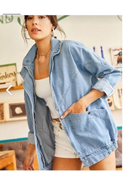 Foremia Women's Blue Pocket Seasonal Zipper and Snap Fastener Long Denim Jacket