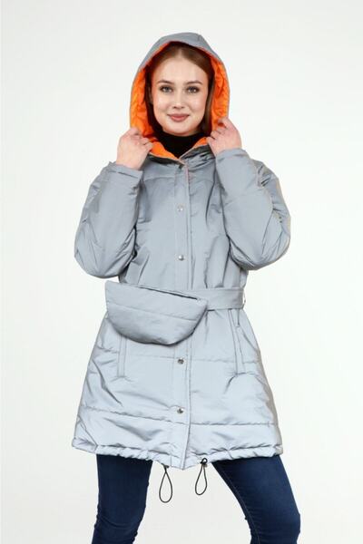 ESB Design Kadın Fosforlu Parlak Kumaş Gri Içi Turuncu Cepli Belden Çantalı Ş...