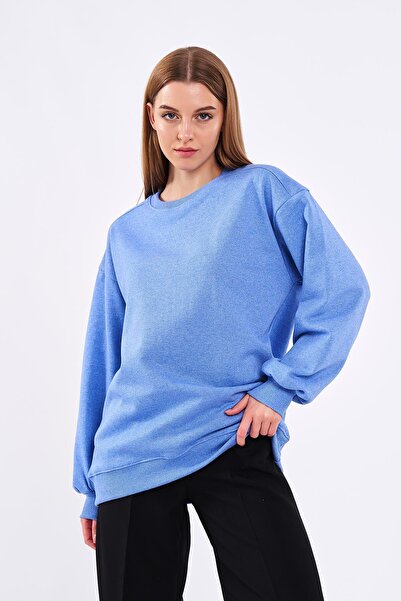 mmetalic Mavi Kadın Pamuklu Oversize Basic Bisiklet Yaka Sweatshirt