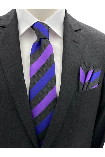 Brianze Anthracite Lilac Purple Striped Tie Handkerchief Set
