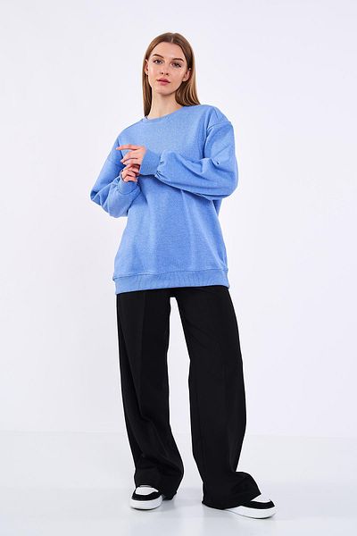 mmetalic Hanorac de damă, albastru, oversize, de bază, cu gât crew, din bumbac