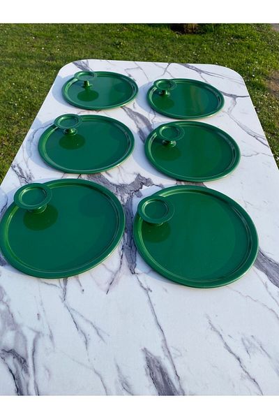 Aslı Hediyelik 2 Model 6-Piece Green Round Tray and 6-Piece Green Macaron Bowl Coffee and Pastry Serving Presentation Tray