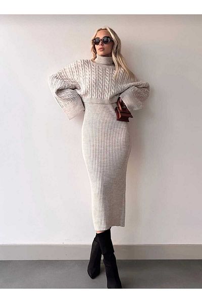 FLEX FASHION مجموعة فستان محبوك وسترة قصيرة ذات تصميم شعبي