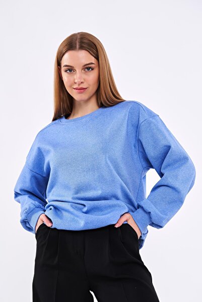 mmetalic Mavi Kadın Pamuklu Oversize Basic Bisiklet Yaka Sweatshirt