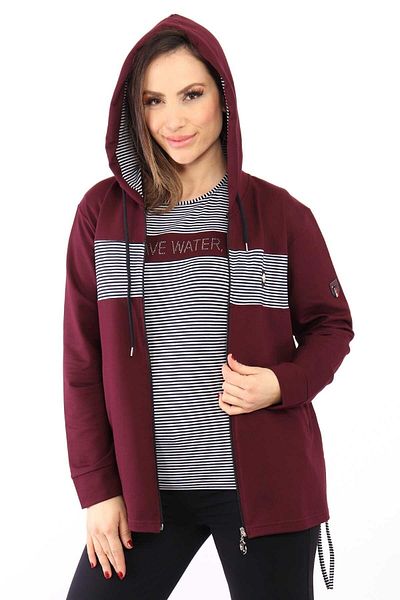 WND SPORT Hooded Striped Side Slits Stone Detailed Wnd Women's Plus Size Set