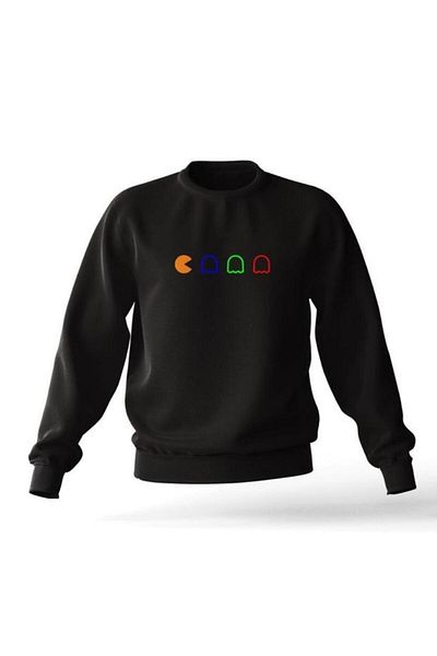 aynewmoda Hanorac unisex negru supradimensionat din bumbac imprimat Pacman, fără glugă