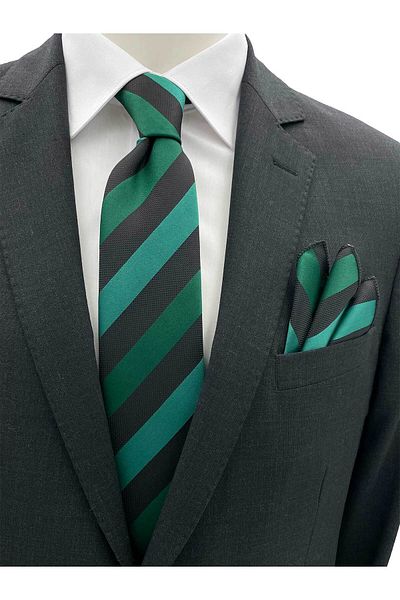 Brianze Green Black Striped Tie Handkerchief Set