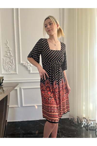 Bohemian Women's Black Half Sleeve Square Collar Bohemian Dress