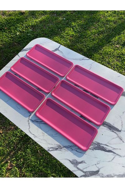 Aslı Hediyelik 6-Piece Baton Pink Metal Single Person Decorative Candle, Tea, Coffee and Cake Serving Presentation Tray