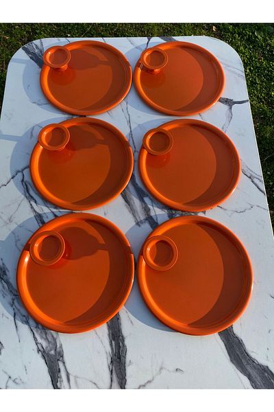 Aslı Hediyelik 2 Model 6-Piece Orange Round Tray and 6-Piece Orange Macaron Bowl Coffee and Pastry Serving Presentation Tray
