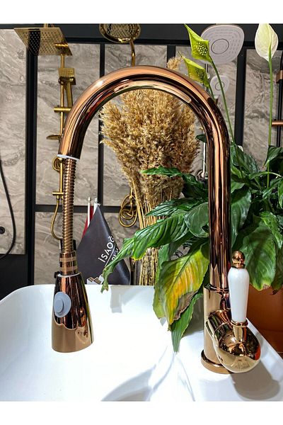 İSAOĞLU YAPI Copper Spiral Kitchen Faucet Bronze Sink Faucet Kitchen Faucet with Copper Hose