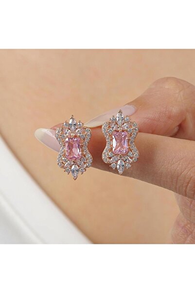 Mia Vento Pink Taşlı Işıltı Klasiği Rose Renk Vintage Gümüş Küpe