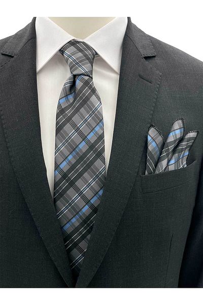 Brianze Gray Blue White Plaid Pattern Tie Handkerchief Set