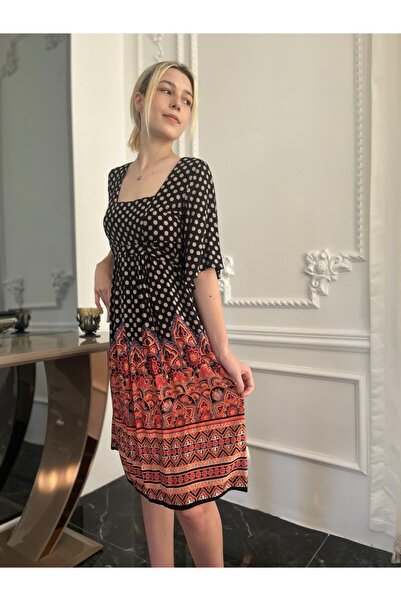 Bohemian Women's Black Half Sleeve Square Collar Bohemian Dress