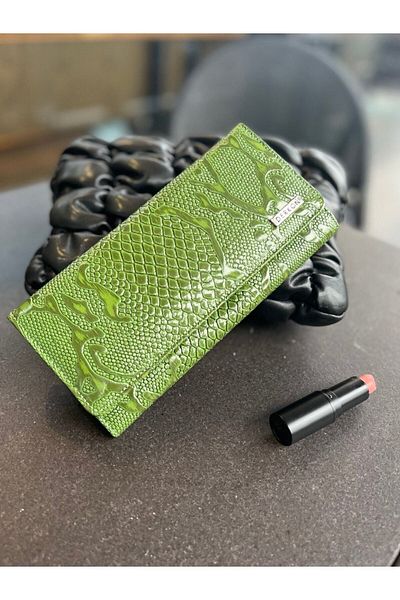 DERKON Portofel de damă din piele naturală verde cu model de crocodil